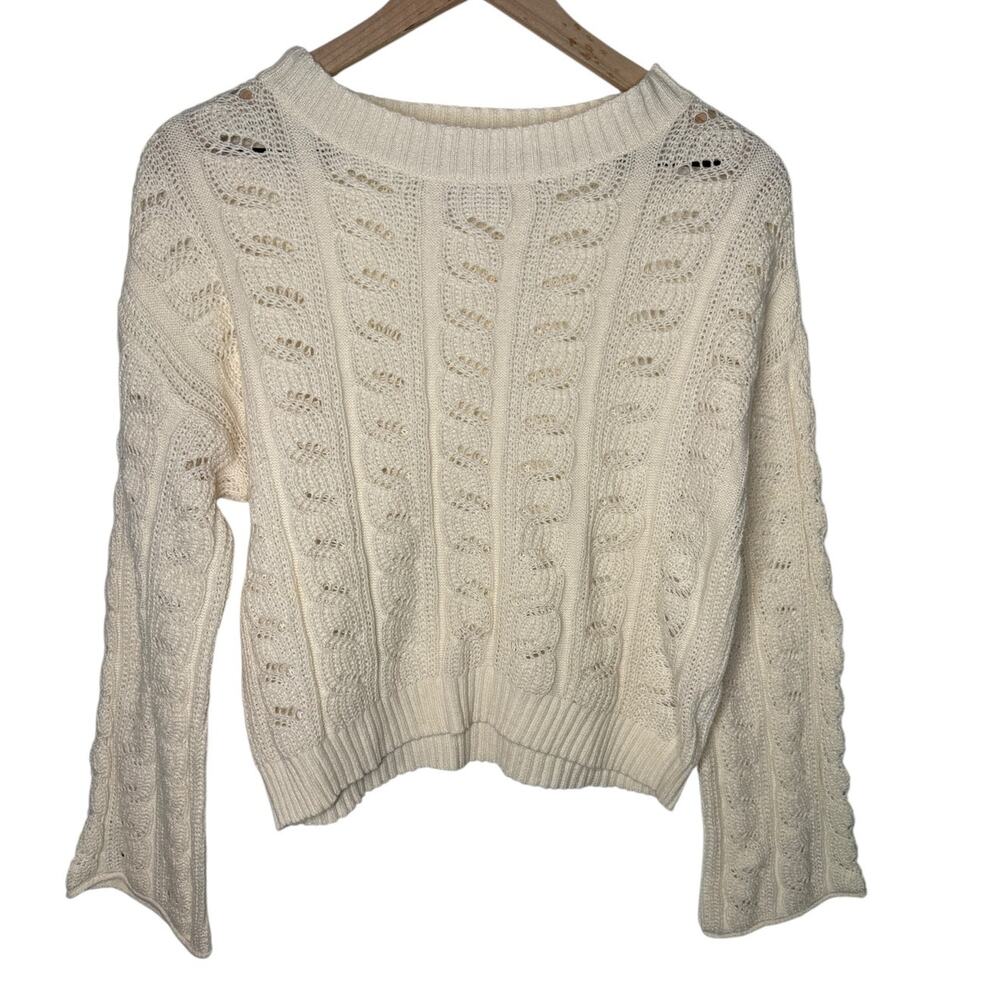 AE American Eagle Cream Cable Knit Sweater XS Sheer Crochet Flare